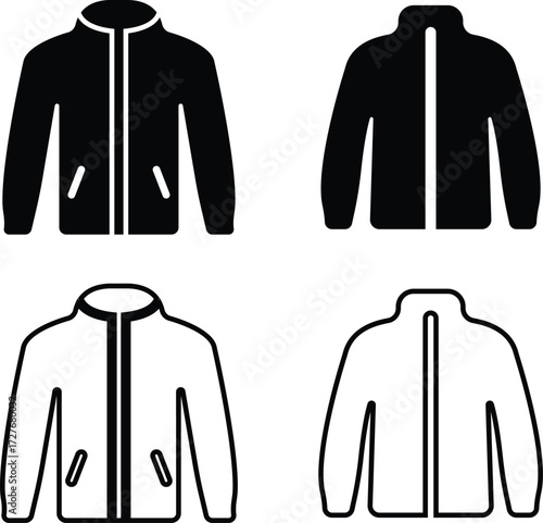 Jacket Icon Set Black Flat and Line Style Clothing Symbol Collection Group of Winter Coat, Sportswear, Outerwear, Fashion, Warm, Zipper Hoodie, Windbreaker, Casual Apparel, Textile Vector