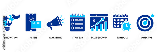 Business plan icon set vector illustration concept with icon of innovation, assets, marketing, strategy, sales growth, schedule, and objective