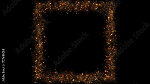 Golden square frame, gold flame from square form, golden particles, golden border, Alpha Channel Loop Background