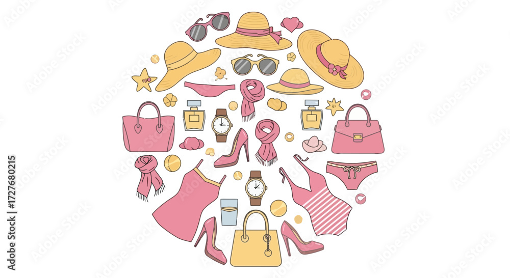 Fototapeta premium Collection of fashionable accessories and clothing items arranged in a circular composition.