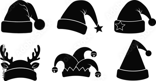 Christmas festive hat silhouettes, Santa hat, reindeer antlers, jester hat, holiday party headwear, black vector icons, seasonal celebration design