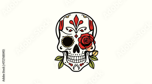 Decorated skull with floral elements, including a rose, against a white background, evoking Day of the Dead imagery.