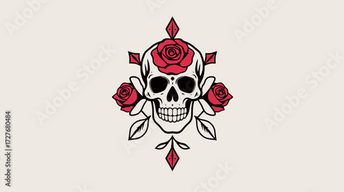 Skull with red roses and diamond shapes, illustrated against a light background.