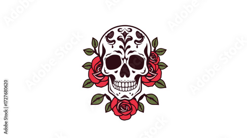 A stylized skull illustration, adorned with floral elements, set against a plain white background.