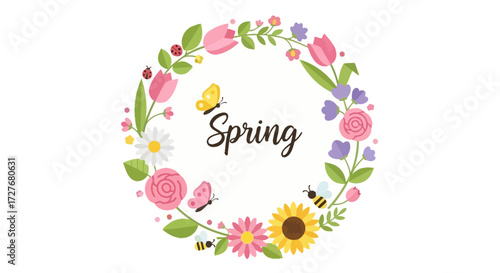 A circular floral wreath with the word "Spring" in the center, adorned with butterflies and bees.