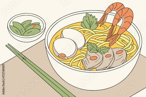 traditional asian ramen noodle bowl with shrimp egg and vegetables for authentic cuisine illustration 