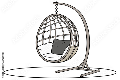 a modern egg-shaped hanging chair with cushions isolated on white backgroun