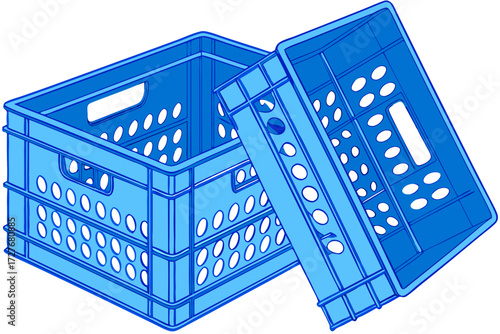 blue plastic storage crates with ventilation holes for organization warehouse and shipping containers isolated on white background.