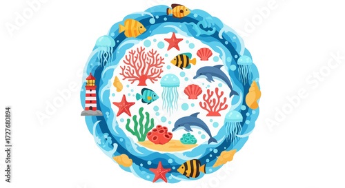 A vibrant circular illustration showcasing various marine life and elements within a blue ocean setting.