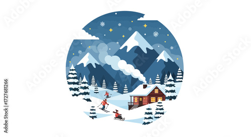 A cozy cabin nestled in a snowy mountain landscape with skiers enjoying the winter wonderland.