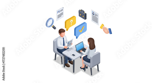 Isometric illustration of a job interview with an HR manager reviewing a candidates resume and portfolio.