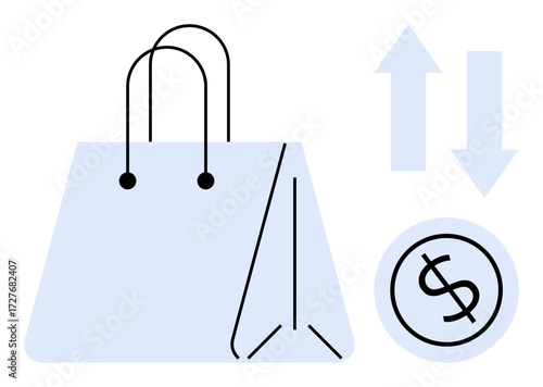 Shopping bag with handles, coin with dollar sign, up and down arrows. Ideal for e-commerce, retail, trade, finance, marketing consumer behavior digital economy. Simple flat metaphor