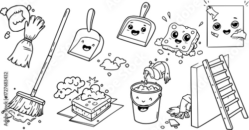 Cute cartoon cleaning tools doodle set. Black and white line art vector illustration of household supplies for coloring pages.
