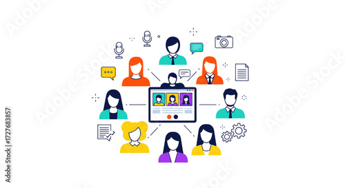 Online Meeting Illustration with Participants and Communication Icons.