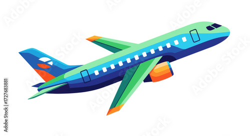 Vibrant Blue and Green Jet Airplane in Flight.