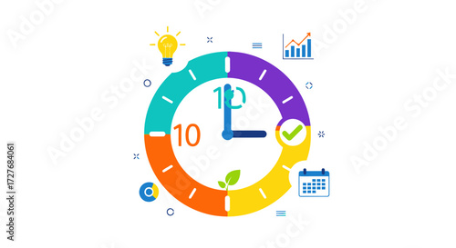 Colorful Time Management Clock with Productivity Icons and Progress Bar.