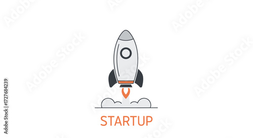 Startup concept illustration with a cartoon rocket ship launching into space.