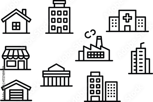 Building and infrastructure vector icon set with house, apartment, hospital, office, store, warehouse, factory, bank, skyscraper, real estate, business property, urban architecture