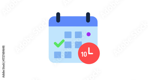 Vector calendar icon for scheduling events with a checkmark reminder dot and a time-based notification badge.