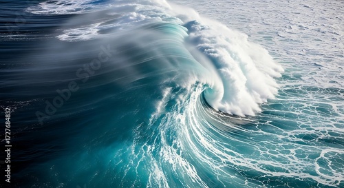 Fototapeta Naklejka Na Ścianę i Meble -  Powerful ocean wave crashing with white foam and spray on a sunny day at sea