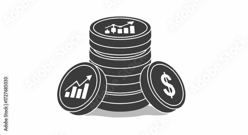 Stack of Black Coins with Financial Growth Symbols.