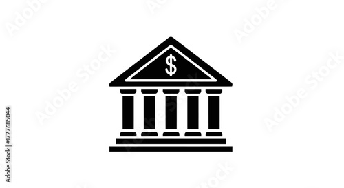 Solid black bank building icon with classical columns and a dollar sign symbol.