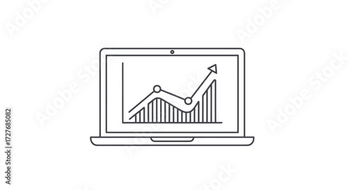 Laptop displaying a rising line graph with upward arrow.