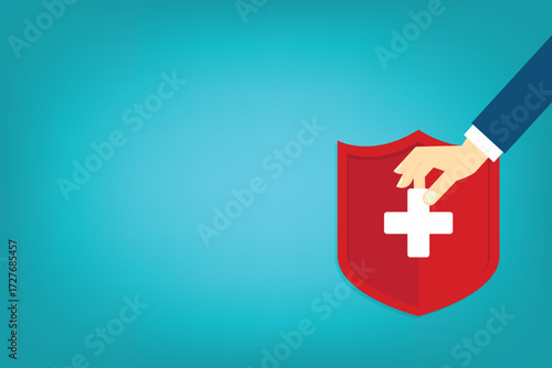 Medical healthcare insurance. Red shield on patient protection policy and pen. Medicine symbol.