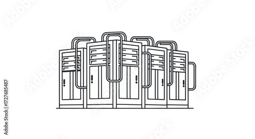 Line art illustration of multiple server racks in a data center.