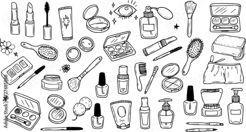 Hand-drawn doodle collection of beauty products, makeup, and cosmetic items, featuring skincare, brushes, and accessories in a simple line art style.