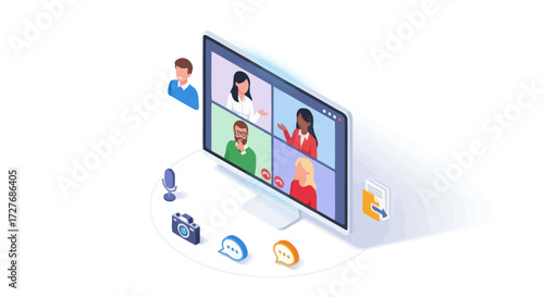 Isometric illustration of a virtual online video conference meeting on a computer screen with multiple participants.