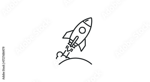 Minimalist Line Art Rocket Launching into Space.