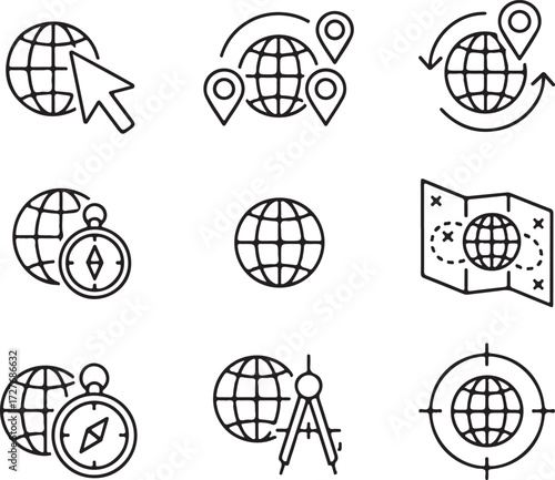 globe line icon set vector on white background. earth, world, globe, network, connection, internet, website, navigation, symbol.
