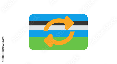 Colorful striped icon with two orange circular refresh arrows for sync or update.