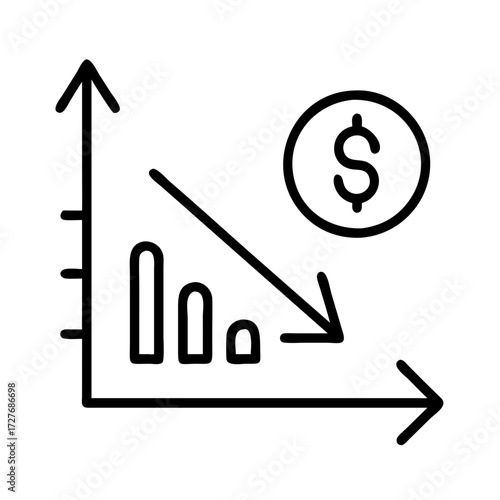 Declining market trend graph showing financial loss and economic downturn with dollar symbol icon