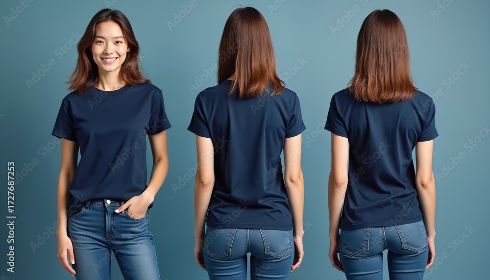 Obraz premium Asian woman in navy blue t-shirt front, back, side views wearing blue jeans. Casual outfit on plain background. Female model poses.