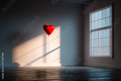 Ballon rouge en forme de coeur dans une pièce vide