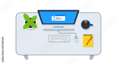 Overhead view of a modern office desk with a computer plant coffee and notepad.