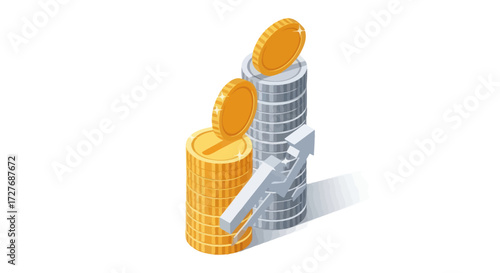 Isometric Stacks of Coins with Key Financial Concept.