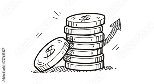 Hand-drawn stack of dollar coins with upward arrow indicating growth.