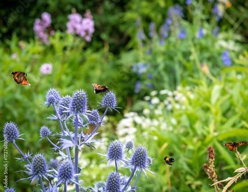 Butterflies flit among vibrant purple flowers in a garden