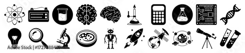 Vector art of collection of science and technology icons including an atom, calculator, brain, dna, microscope, robot, rocket, telescope, and test tubes