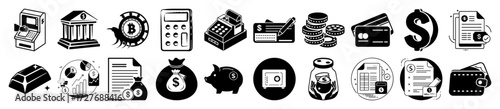 Vector art of collection of financial icons including atm, bank, bitcoin, calculator, cash register, credit cards, coins, dollar sign, gold bars, money bag, piggy bank, safe, and wallet