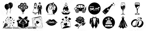 Vector art of collection of wedding and celebration icons including balloons, bouquet, couple, carriage, candle, champagne, cake, dress, rings, and more