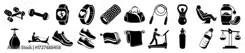 Vector art of collection of black fitness icons including dumbbells, smartwatches, gym bag, jump rope, kettlebell, treadmill, and more