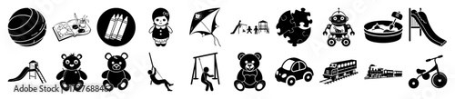 Vector art of collection of black and white vector icons representing toys and childrens play items, isolated on a