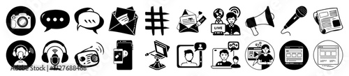 Vector art of collection of black and white icons representing communication, media, and technology, including camera, speech bubbles, email, hashtag, radio, microphone, and video call symbols