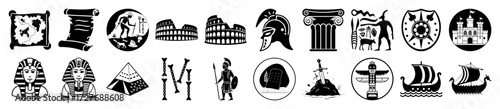 Vector art of collection of historical and cultural icons, including ancient maps, scrolls, egyptian pharaohs, pyramids, roman colosseum, greek column, viking ships, and more