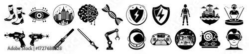 Vector art of collection of science fiction and futuristic icons, including boots, eye, city, brain, dna, shield, lightning, person, robot arm, astronaut, controller, and vr headset