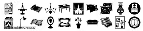 Vector art of collection of black and white icons representing home decor and furniture, isolated on a